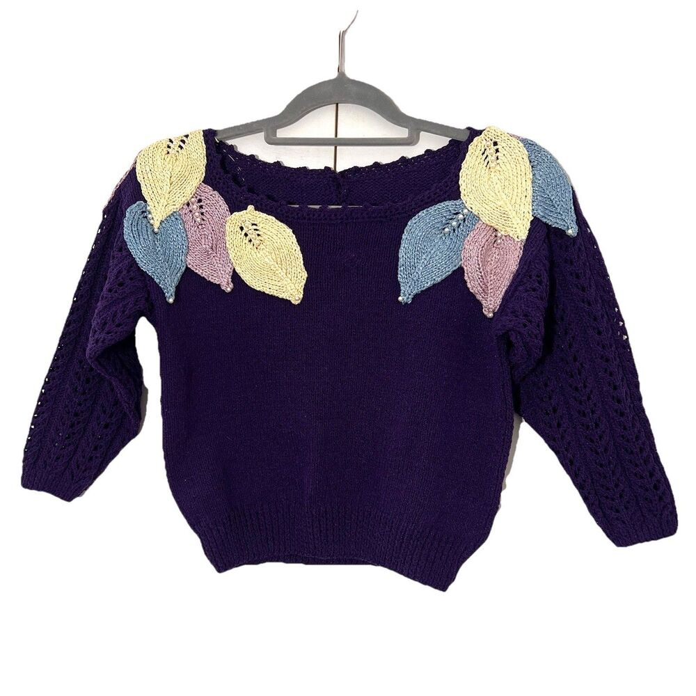 Vintage Hand Knit Sweater‎ Purple Cropped Petal Accent Prairie Cottagecore